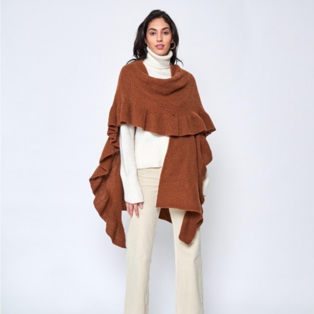 NWT Do Everything In Love Rust Brown Ruffle Ruana Knit Poncho Wrap OS